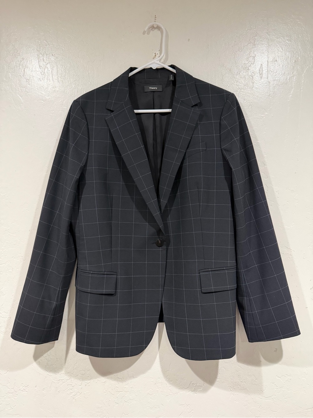 Theory Staple Blazer Size 14 Windowpane Wool Blend Charcoal Grid Jacket K0505105 - Picture 2 of 7